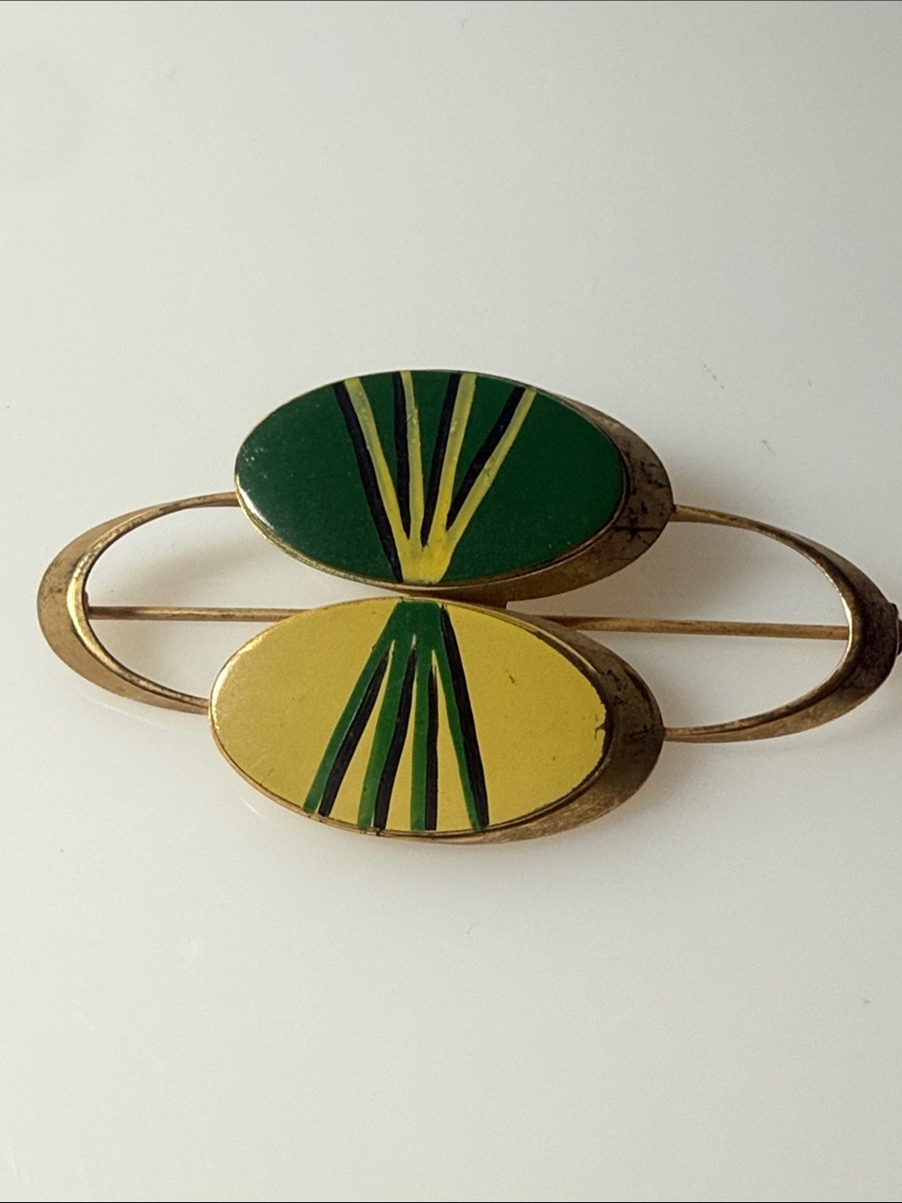 Weiss Vintage Space Age Green and Yellow Enamel Double-Oval Gold Tone Brooch